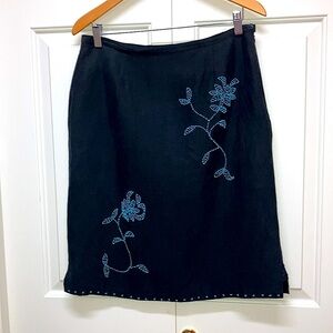 Silk linen blend skirt, lined, knee length  beaded, Anne Carson, black, 12